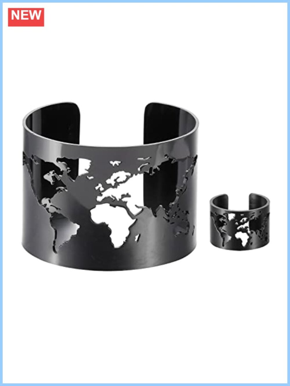 Stainless Steel Open Cuff Bangle & Ring Set Cut Out Chunky Bracelet